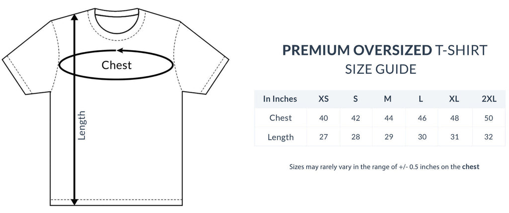 Size guide for premium oversized t-shirts with measurements and chart.