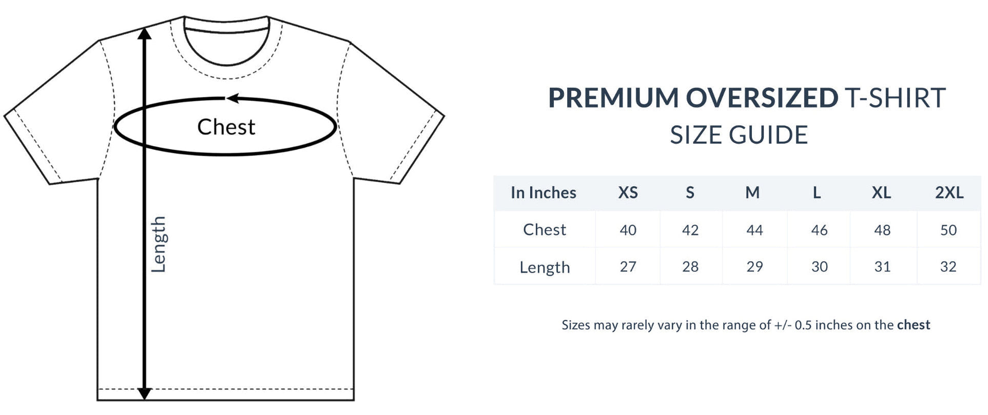 Size guide for premium oversized t-shirts with measurements and chart.
